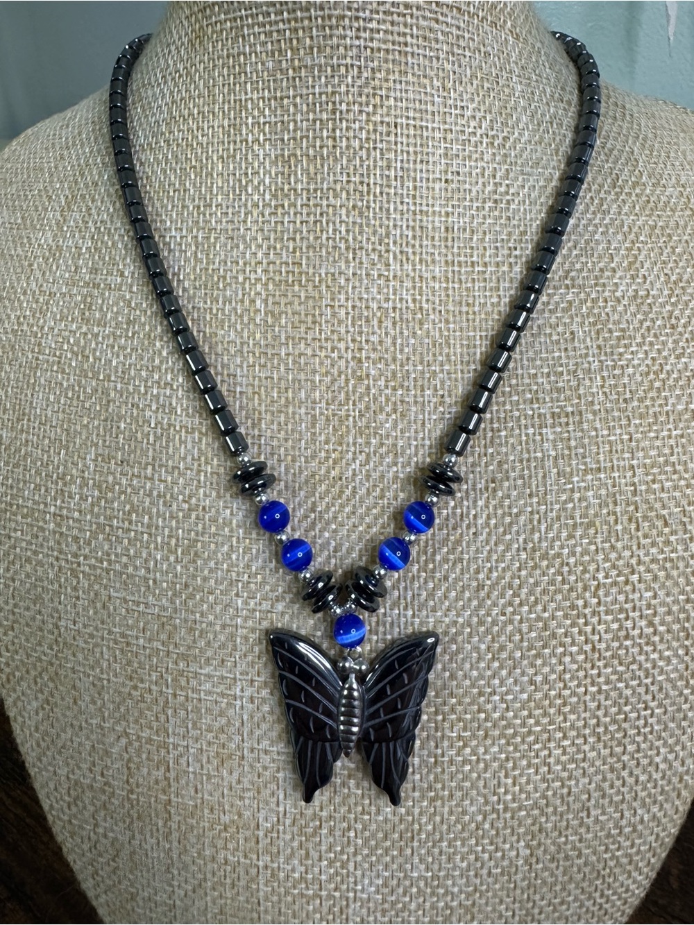 Butterfly Hematite Necklace Blue Cat’s Eye Beads Gunmetal Moth Insect Whimsigoth